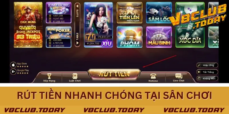 Bấm chọn vào mục rút tiền trên giao diện trang cá casino online